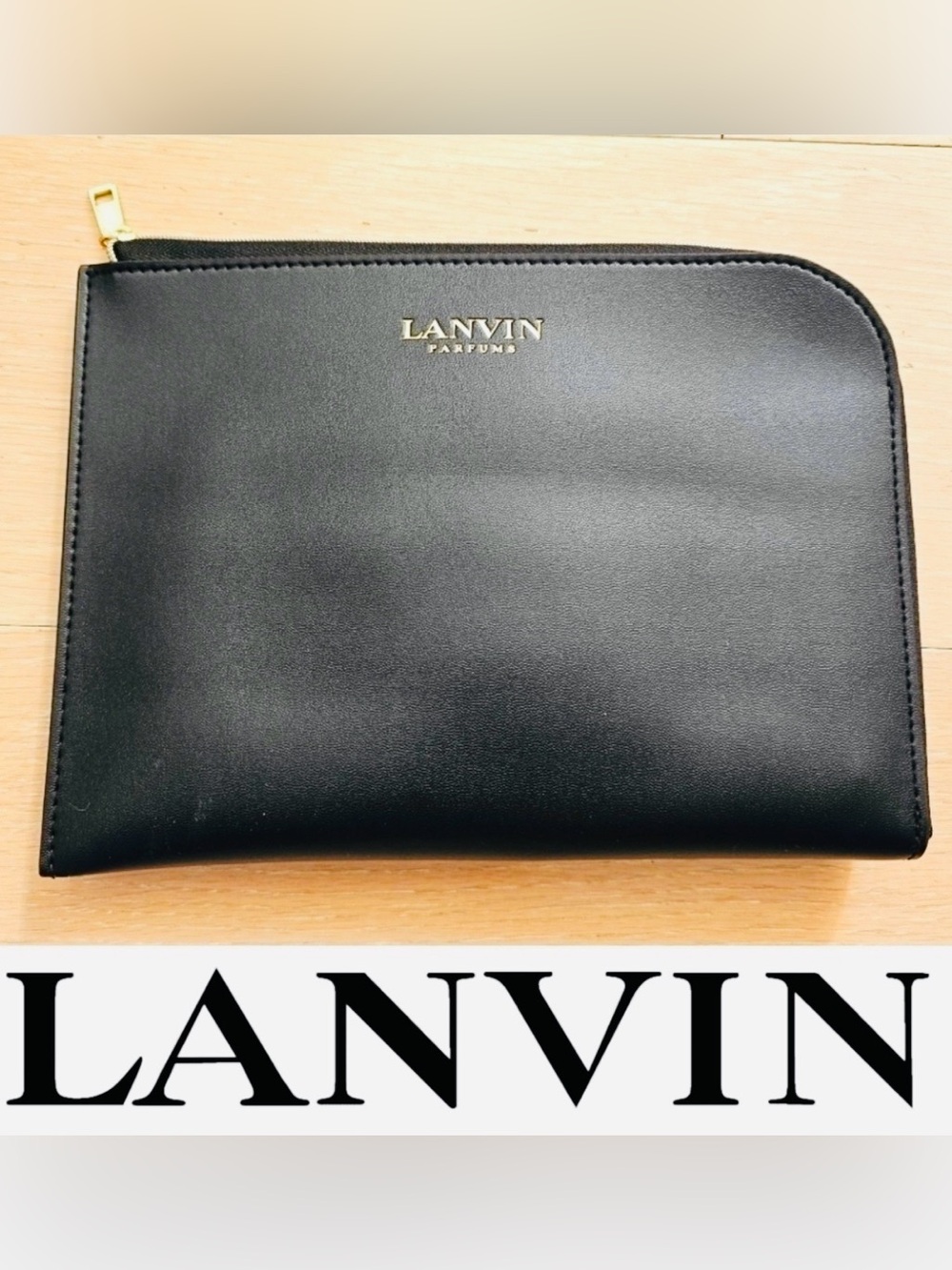 Lanvin Black Leather Zip Pouch with Gold Logo